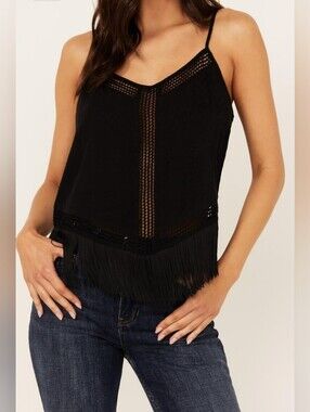 Idyllwind Women's Briarwick Jacquard Fringe & Lace Tank Top in black, Size L